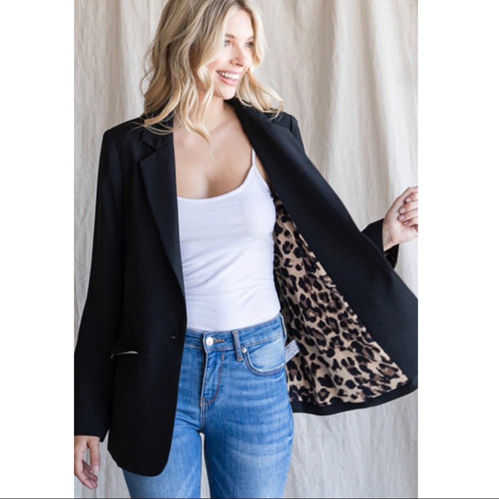 Women's Black Blazer with Leopard Lining